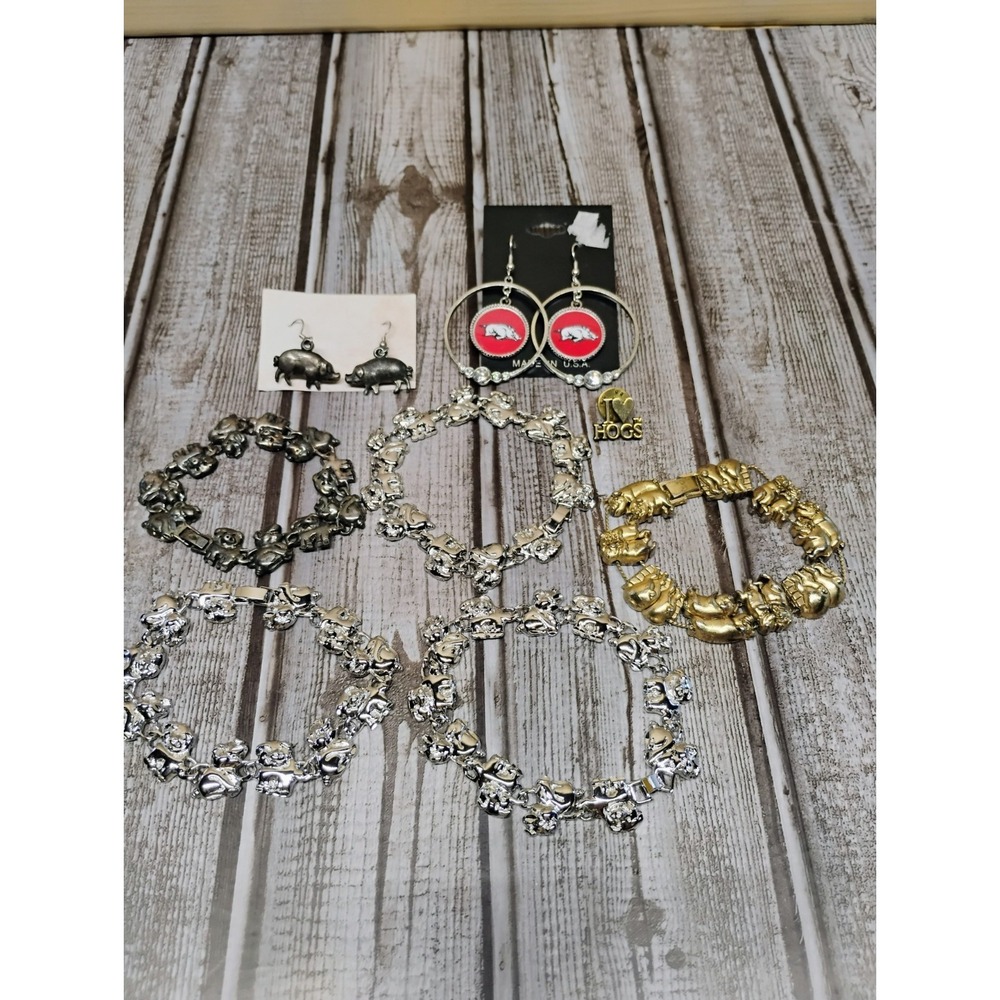 Hogs Razorbacks Pigs Jewelry Lot Of 8 Bracelets Pin Earrings Mixed